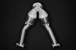 close view of Capristo 250 Cell Sport Cat Downpipes for Porsche 95B Macan S (Facelift) 2019+ with black background