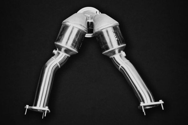 close front view of Capristo 250 Cell Sport Cat Downpipes for Porsche 95B Macan S (Facelift) 2019+ with black background