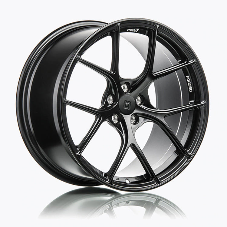 A side view of Titan 7 T-S5 Forged Split 5 Spoke JDM Wheels in Machine Black for MITSUBISHI EVO LANCER VIII / IX 2003-2008