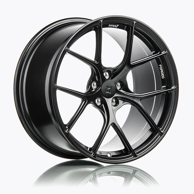 A side view of Titan 7 T-S5 Forged Split 5 Spoke JDM Wheels in Machine Black for MITSUBISHI EVO LANCER X 2008-2016
