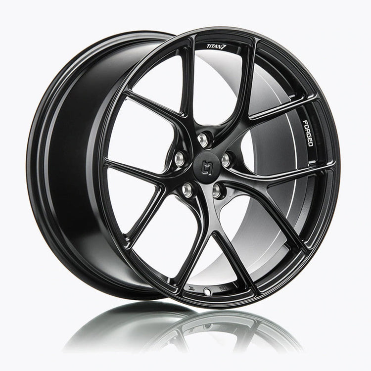 A side view of Titan 7 T-S5 Forged Split 5 Spoke Domestic Wheels in Machine Black for CHEVROLET CAMARO 2016+