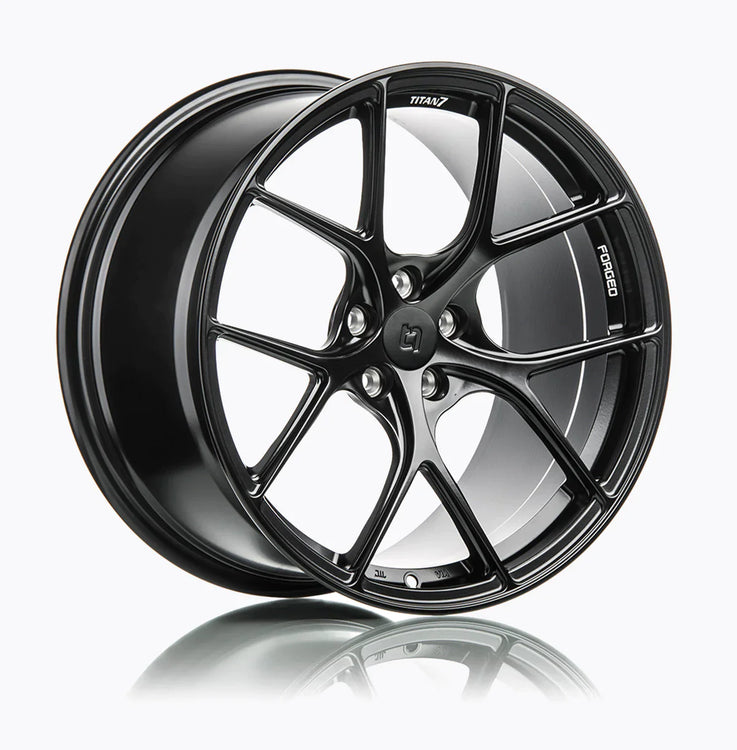 A side view of 7 T-S5 Forged Split 5 Spoke Exotic Wheels in Machine Black for BMW 19" G87 M2 2023-2024