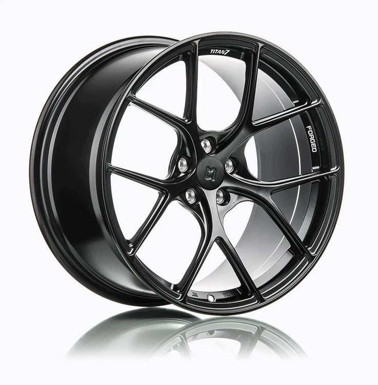 A side view of 7 T-S5 Forged Split 5 Spoke Exotic Wheels in Machine Black for MERCEDES BENZ AMG GT GTS C190 2016-2023