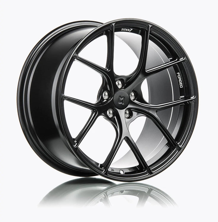 A side view of Titan 7 T-S5 Forged Split 5 Spoke Domestic Wheels in Machine Black for CHEVROLET CORVETTE Z06 C7 2014-2019