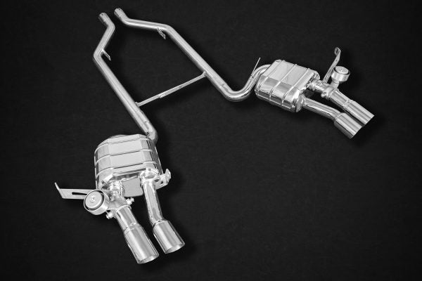 wide top view of Capristo Valved Exhaust (CES3) for Maserati Coupe/Spyder/GranSport 2001-2007 with black background