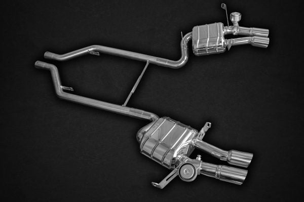 wide top view of Capristo Valved Exhaust (CES3) for Maserati Coupe/Spyder/GranSport 2001-2007 with black background