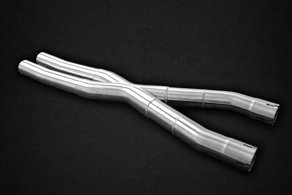 close top view of Capristo X Pipe Middle Silencer Replacement for Maserati Coupe/Spyder/GranSport 2001-2007 with black background