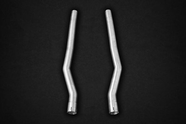 wide view of Capristo Straight Pipe Middle Silencer Replacement for Maserati Coupe/Spyder/GranSport 2001-2007 with black background