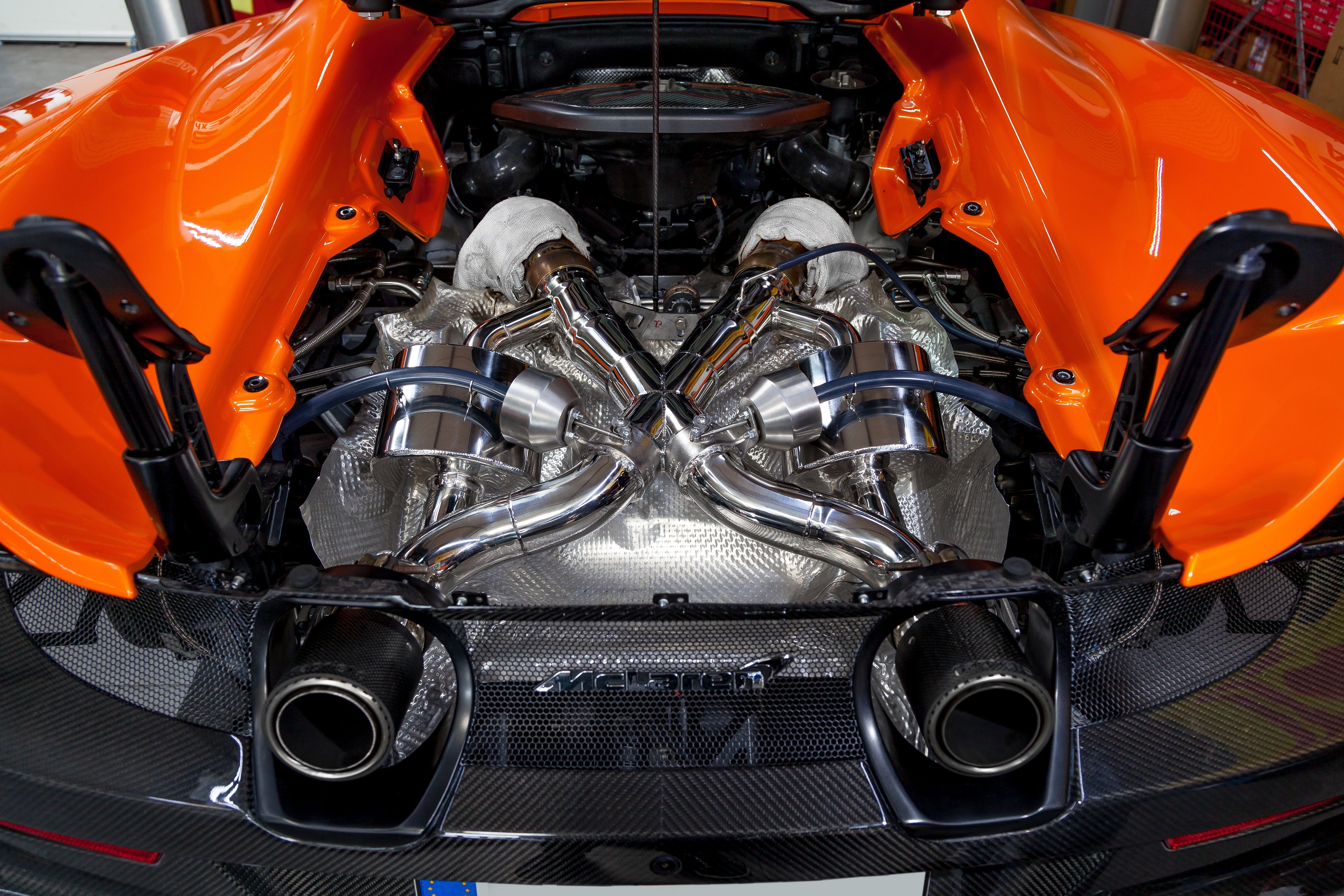Orange McLaren 675LT rear with Capristo exhaust and round carbon tips