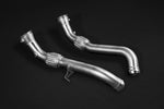 Capristo cat spare downpipes for McLaren M838T engines with flex sections, polished stainless