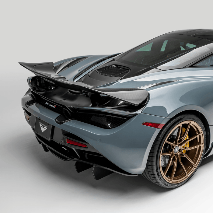 A back wide view of Vorsteiner Silverstone Edition Aero Active Wing Blade McLaren 720S 2017+ fitted on a car