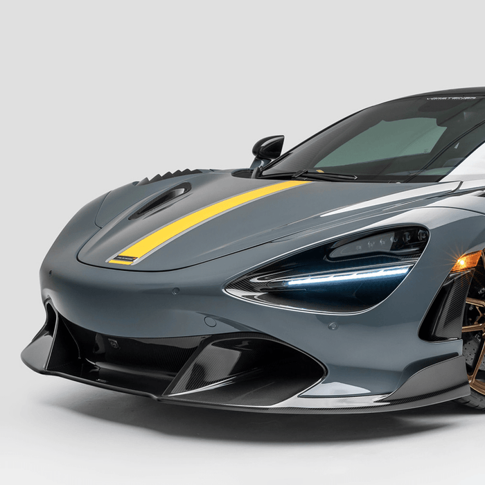 A front side view of Vorsteiner Silverstone Edition Aero Front Spoiler McLaren 720S 2017+ fitted on a car