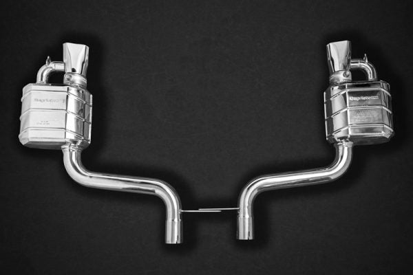 close view of Capristo Catback Exhaust (CES3) for Mercedes AMG E53 (C238 Coupe) 2018-2020 with black background