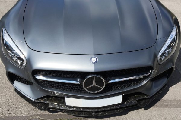 wide top view of Capistro Carbon Fiber Front Spoiler (Matte) for Mercedes AMG GT/GTS 2015-2017 fitted inside a car