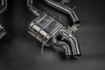 close view of Capristo Valved Exhaust w. Mid-Pipes (for OE Actuators) for Mercedes AMG SL63 (R232) 2022+ with black background