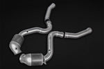 wide view of Capristo 250 Cell Sports Cat Downpipes for Mercedes AMG C63 (W205) 2017-2021 with black background