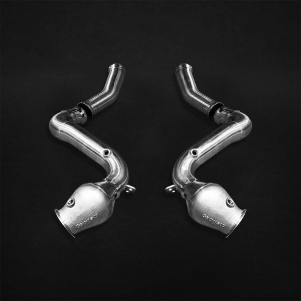 wide view of Capristo Cat Delete Downpipes (for OPF Cars) for Mercedes AMG C63 (W205) 2017-2021 with black background