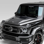 Satin carbon bonnet on black Mercedes G63, front 3/4 view