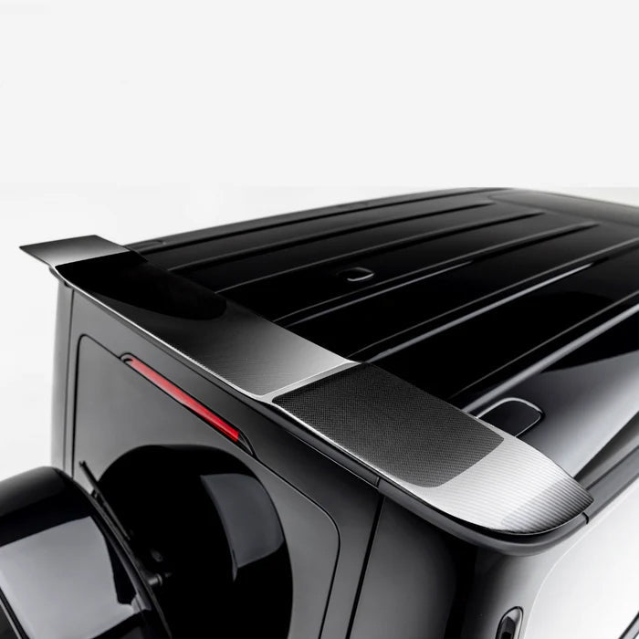 Gloss carbon G63 rear roof spoiler, rear 3/4 view