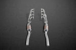 wide top view of Capristo Catless Headers with Post Cat Delete for Mercedes AMG C63 (W204) 2008-2015 with black background