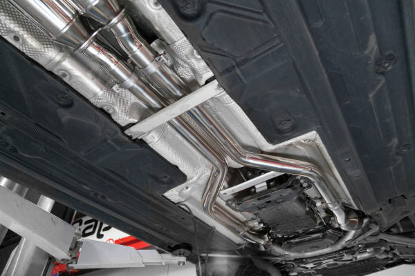 wide bottom view of Capristo Catless Headers with Post Cat Delete for Mercedes AMG C63 (W204) 2008-2015 fitted inside a car