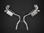 close top view of Capristo Valved Exhaust w. Mid-Pipes (for OE Actuators) for Mercedes AMG S63/560/500 (C217) 2014-2020 with black background