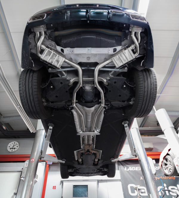 wide top view of Capristo Valved Exhaust w. Mid-Pipes (for OE Actuators) for Mercedes AMG S63/560/500 (C217) 2014-2020 fitted inside a car