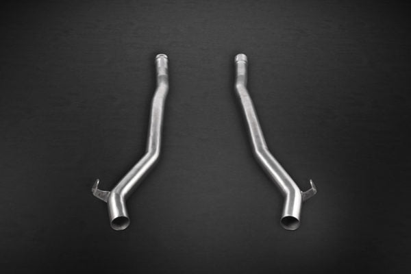 top view of Capristo Valved Exhaust with Mid-Pipes (CES3) for Mercedes AMG S65 (C217) 2014-2020 with black background