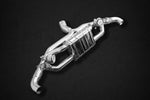 close top view of Capristo Valved Exhaust (CES3) for Mercedes AMG A45 (W177) 2018-2023 with black background