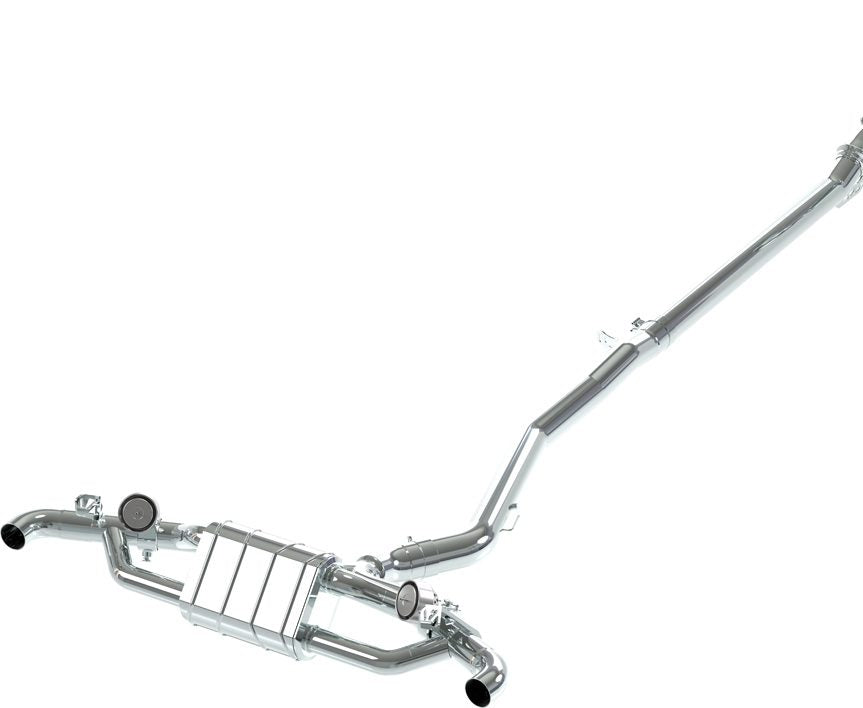 Capristo valved exhaust for Mercedes-AMG A45 rendering from mid-pipe to rear muffler