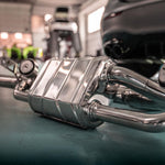 Close-up of Capristo polished valved muffler for Mercedes-AMG A45