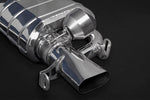 Close-up of Capristo GT63 valved muffler with OEM-style outlet