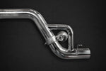Close-up of Capristo AMG GT valved muffler section with valve and polished round tips