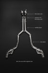 Capristo valved exhaust for Mercedes-AMG GT, set 1 layout for original cats with labeled mid and rear pipes