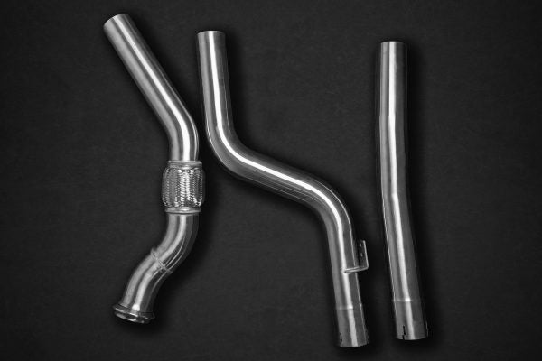 close top view of Capristo Catback Exhaust (CES3) for Mercedes AMG E53 (C238 Coupe) 2018-2020 with black background