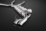 Close-up of Capristo S65 C217 valved muffler and outlets