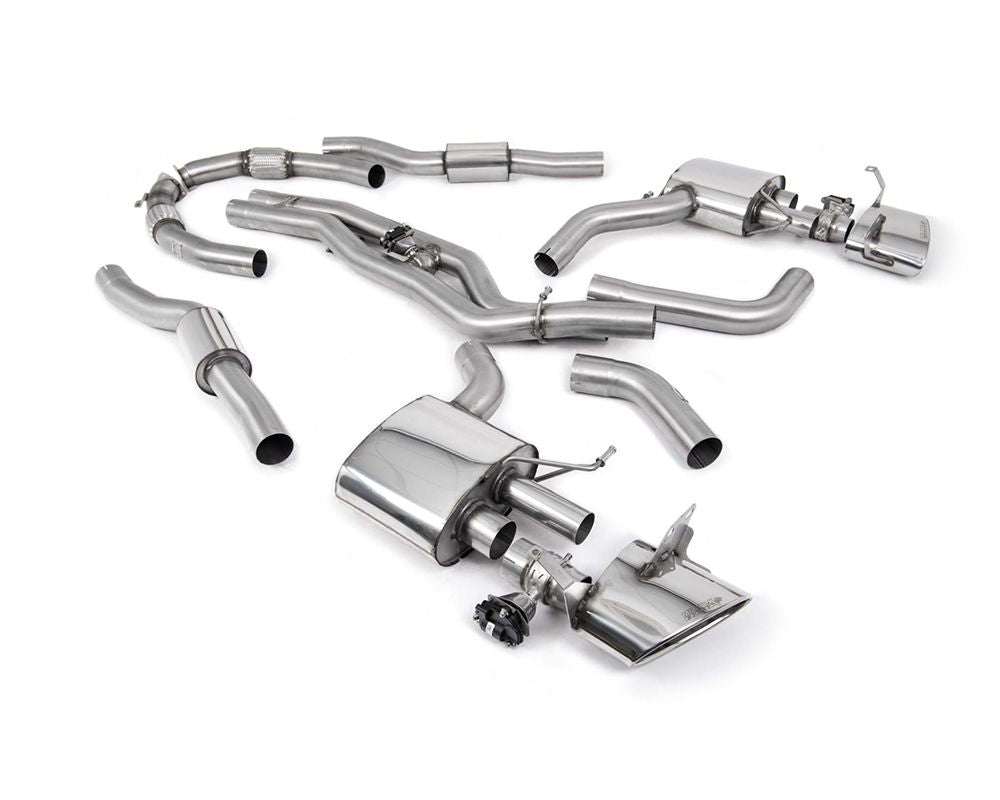 Milltek Sport exhaust system parts for 2019+ Audi RS7 C8 4.0 V8 bi-turbo (part SSXAU942): pipework, silencers and black tailpipe tips