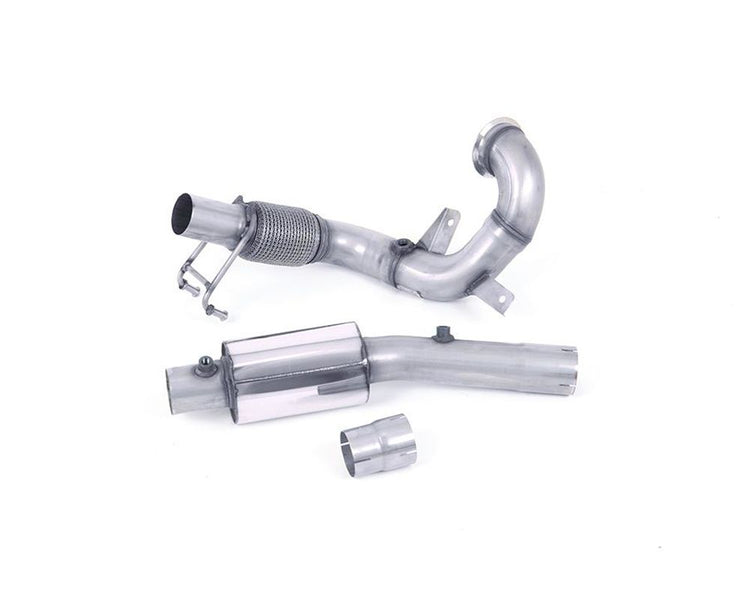 A front view of Milltek Resonated Downpipe (Quieter) and OE De-Cat for Audi A1 2019+ with white background