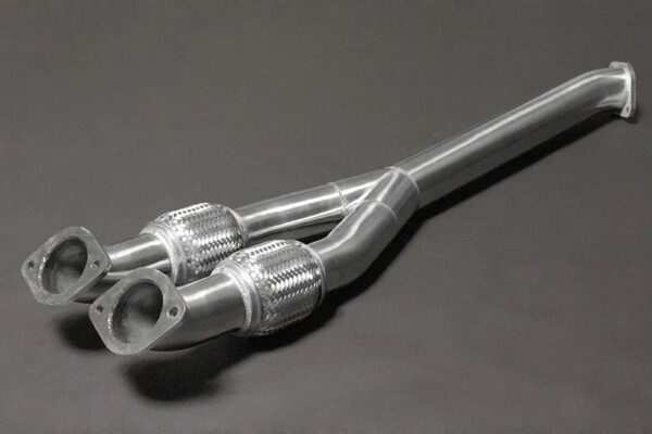 close view of Capristo Center Silencer Replacement (Y-Pipe) with Secondary Cat Delete for Nissan GTR MK3/4/Nismo 2014+ with black background
