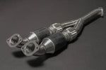 close view of Capristo Center Silencer Replacement (Y-Pipe) with 250 Cell Secondary Cat for Nissan GTR MK3/4/Nismo 2014+ with black background