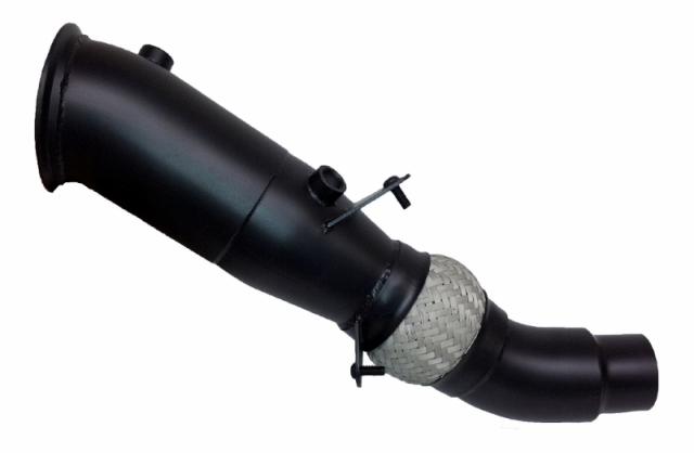 A front view of Evolution Racewerks Sports Series 4" High Flow Catted Downpipe for N20 Engine in Black Thermal Coating Finish