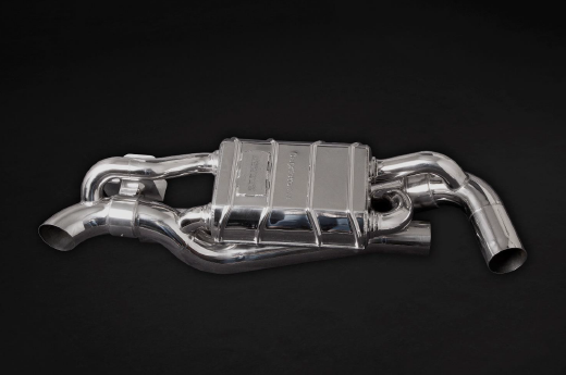 close view of Capristo Valved Exhaust Muffler for OEM Cats (OE Actuators) for Porsche 992 2019-2024 with black background
