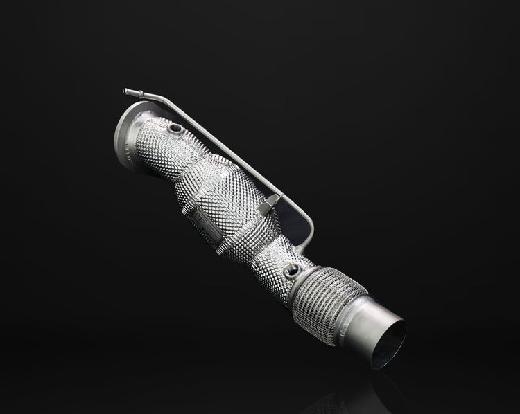 A front wide view of IPE SS Catted Downpipe (Non-OPF Version) for BMW M850i (G14/G15/G16 - N63) 2020-2025 with black background