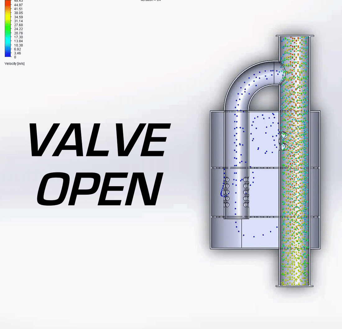 Valve open drawing for the Valvetronic Designs UNIVERSAL Valved Muffler Kit with a white background.