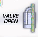 Valve open drawing for the Valvetronic Designs UNIVERSAL Valved Muffler Kit with a white background.