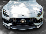 Overhead front view of a white C192 AMG GT with the carbon splitter installed