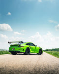 Green Porsche 911 GT3 RS (991.2) rear three-quarter with the complete aero kit