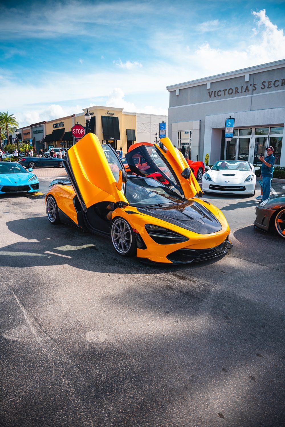 Orange McLaren 720S with the V1 complete aero kit and doors up