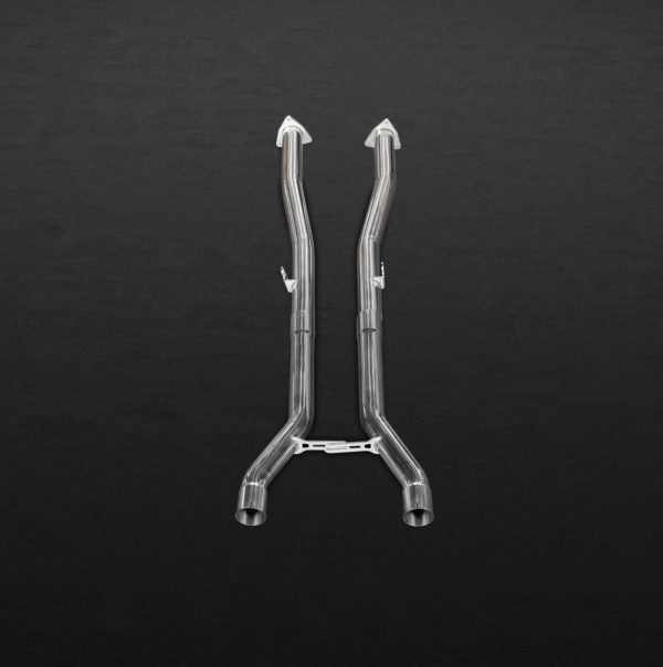 wide view of Capristo Exhaust Middle Silencer Replacement Pipes for Bentley Continental GT Speed W12 2012-2014 with black background