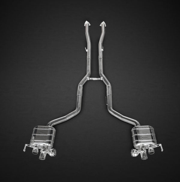 wide view of Capristo Exhaust Valved Exhaust CES3 for Bentley Continental GT V8 / S 2012-2018 for black background